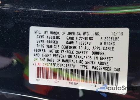 2016 Honda Accord Lx z USA, uszkodzony, nr VIN 1HGCR2F35GA042170